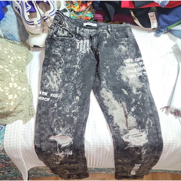 EMBELLISH EUC MENS UNISEX SIZE 36 x 35 HATE/LOVE DENIM BLACK JEANS - Picture 10 of 13